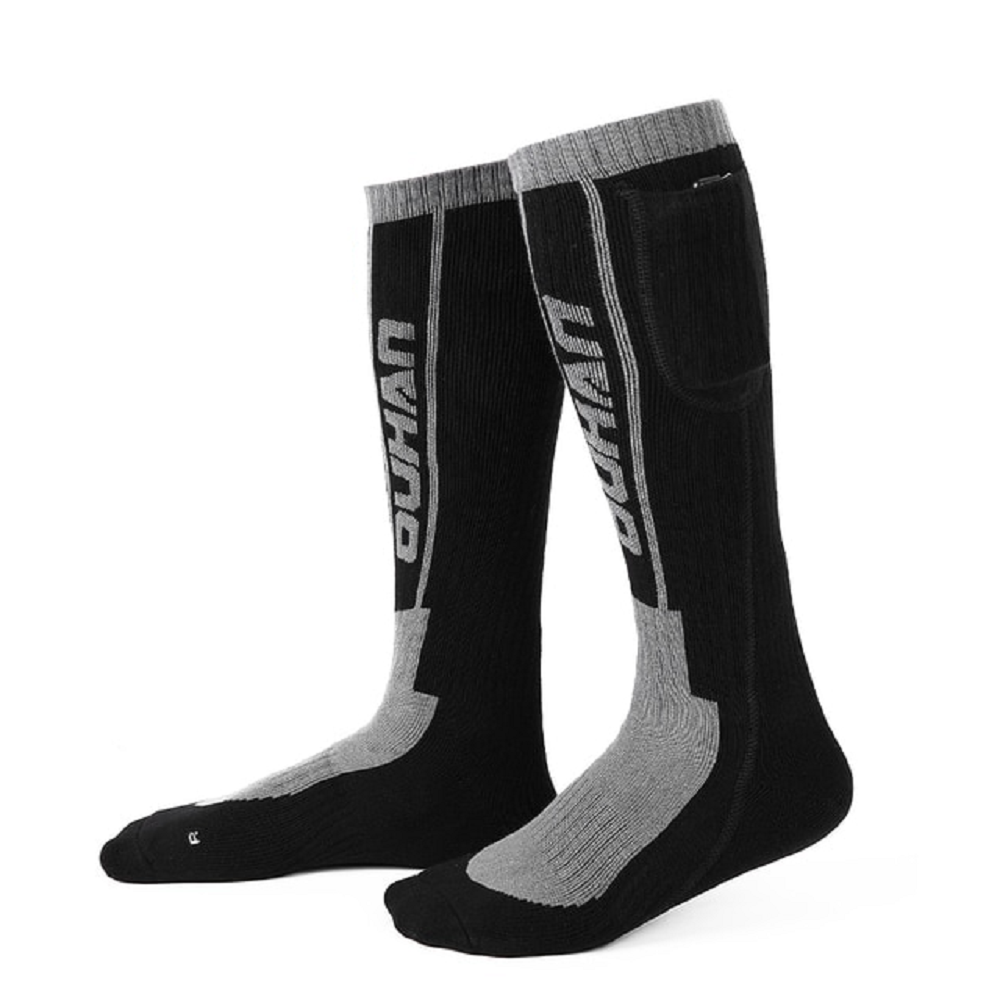 Heated socks in black and grey, knee high, with battery pocket at the top