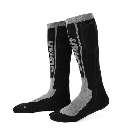 Heated socks in black and grey, knee high, with battery pocket at the top