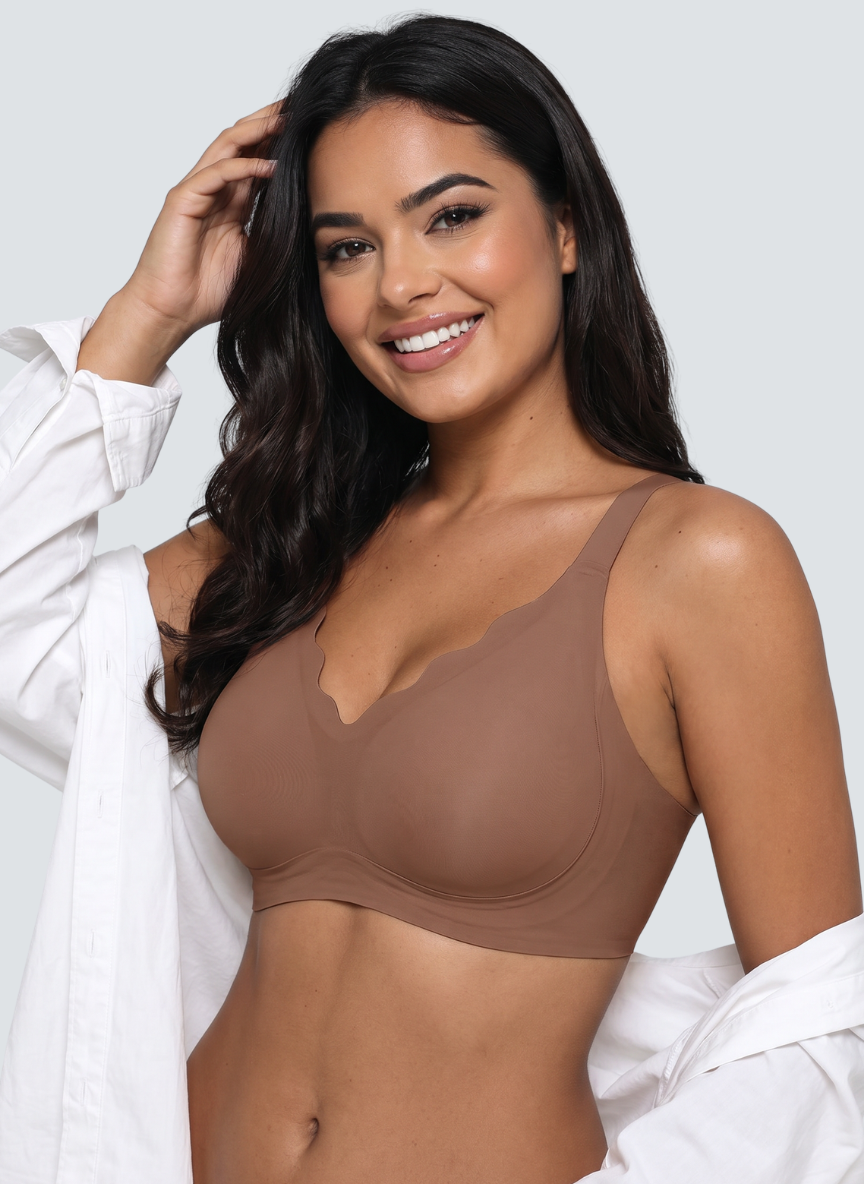 Brown scalloped V neck wireless bra