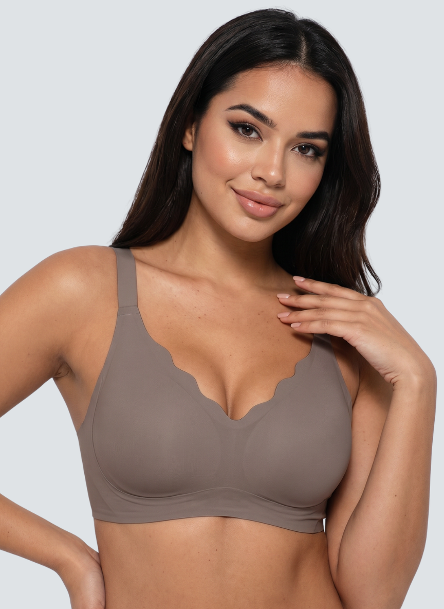 Grey (taupe) scalloped V neck wireless bra