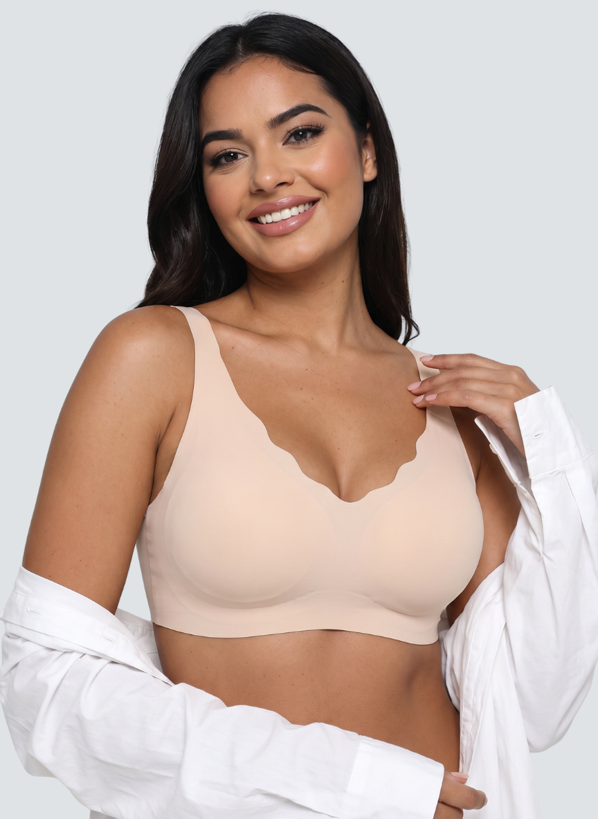 Nude scalloped V neck wireless bra