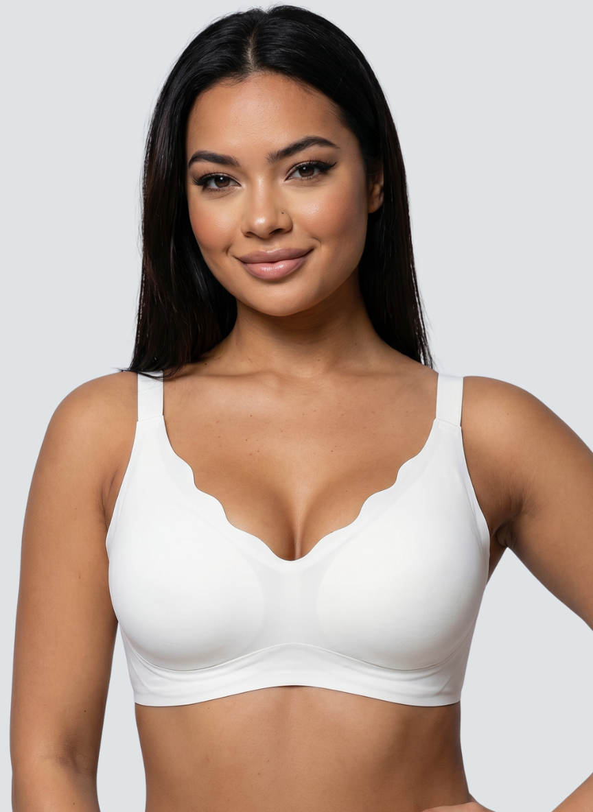 White (ivory) scalloped V neck wireless bra