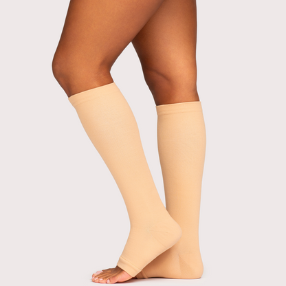 Beige open toe knee high compression socks with closed heel