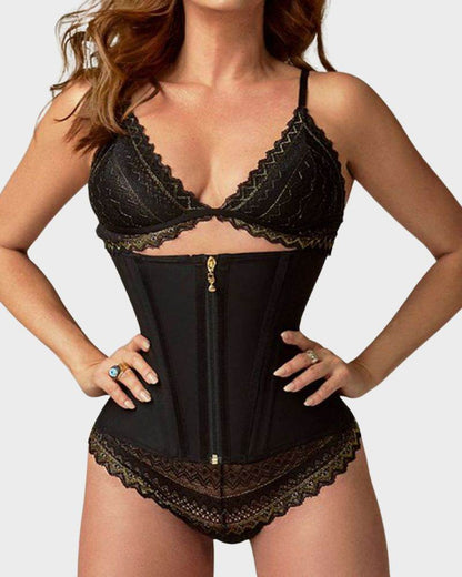 Underbust waist trainer with zip and hooks, alternate view