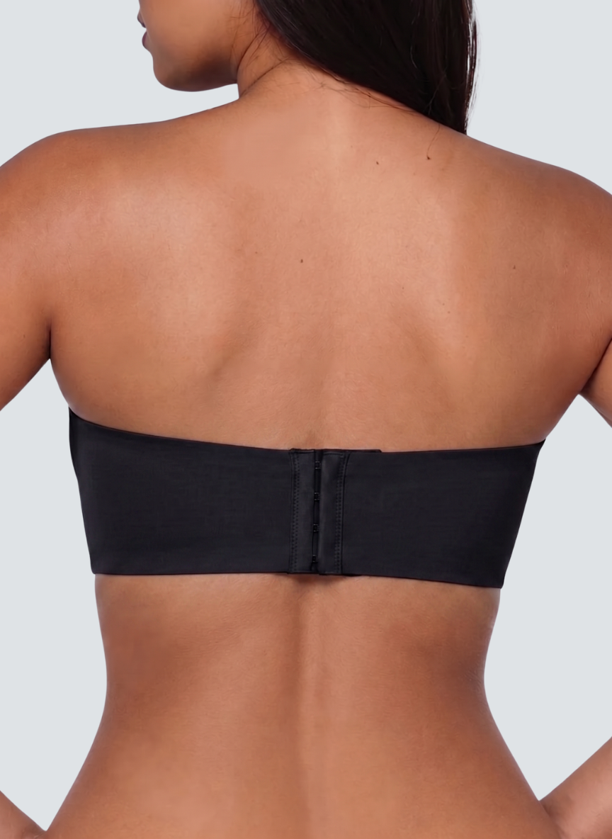 Back view of the wireless strapless bandeau bra with hook and eye fastening