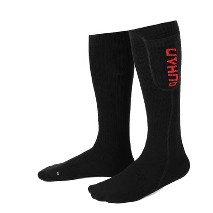 Heated socks in black, knee high, with battery pocket at the top