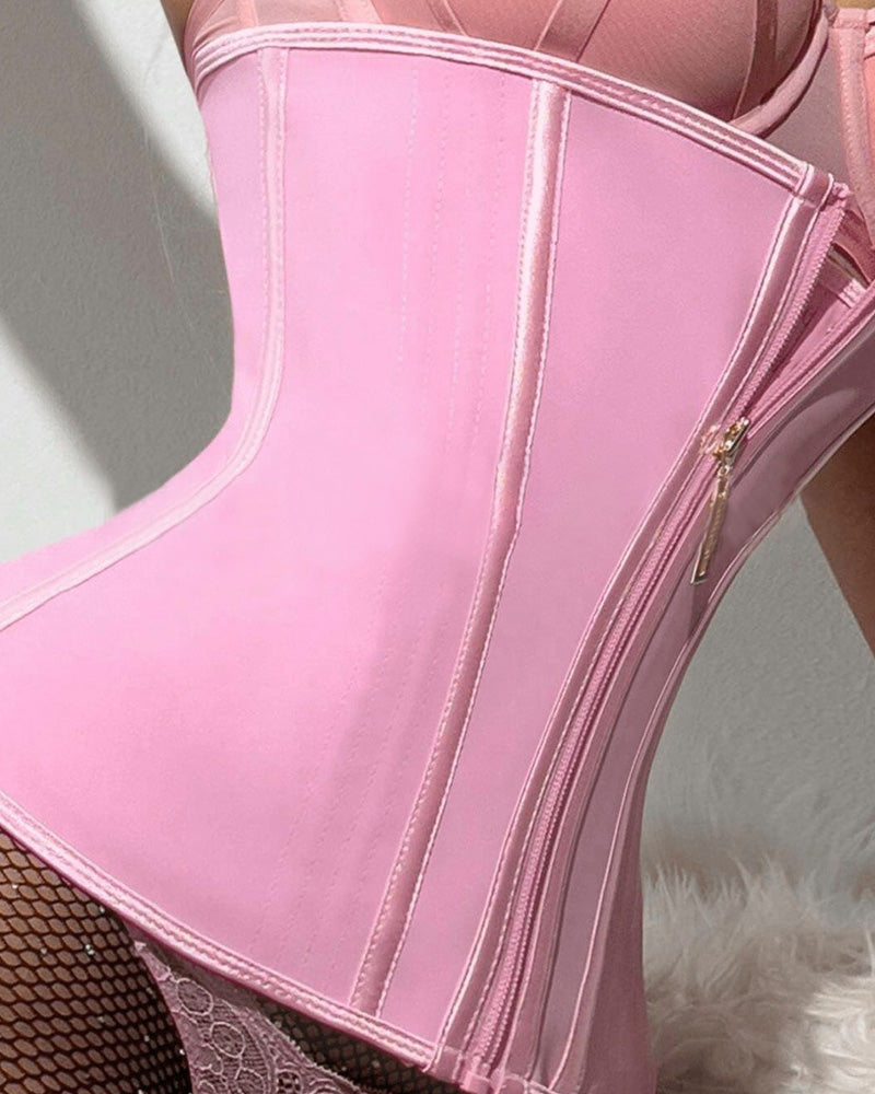 Underbust waist trainer with zip and hooks, alternate view