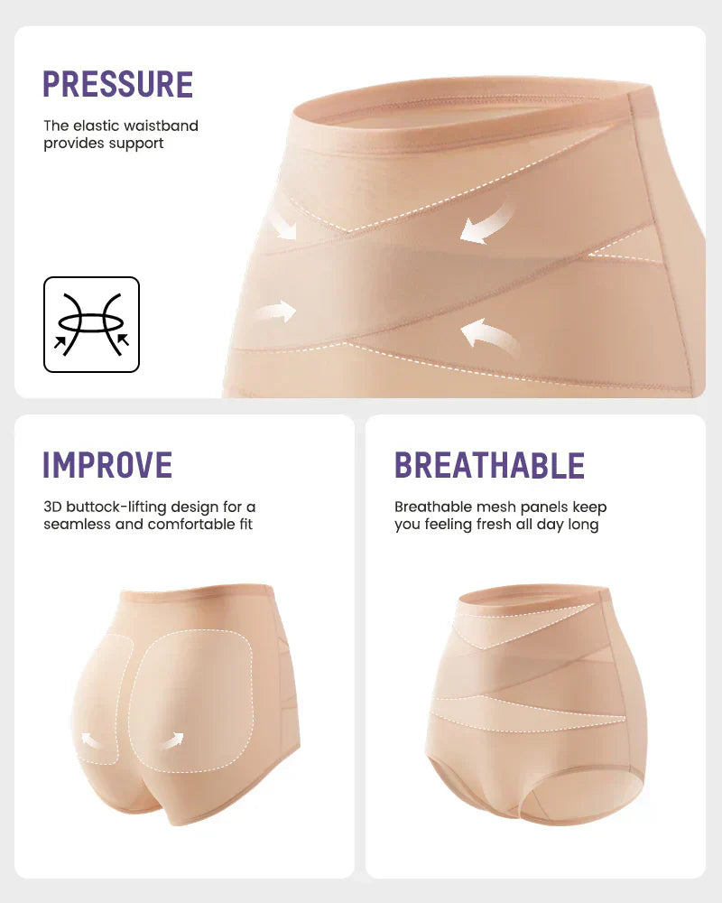 Nude tummy control knickers showing the elastic waistband and mesh panels