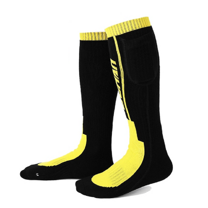 Heated socks in black and yellow, knee high, with battery pocket at the top