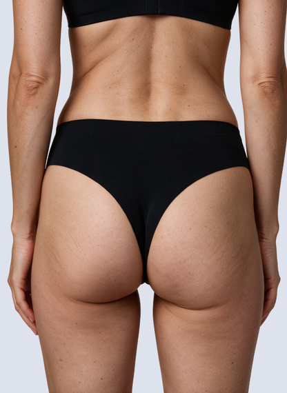 Black seamless thong, back view