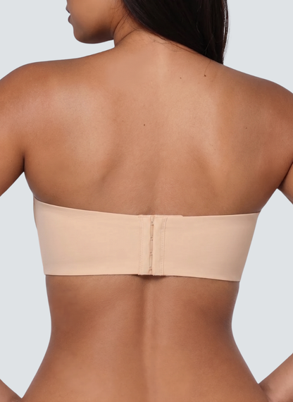 Wireless strapless bandeau bra showing the hook and eye back fastening, second view