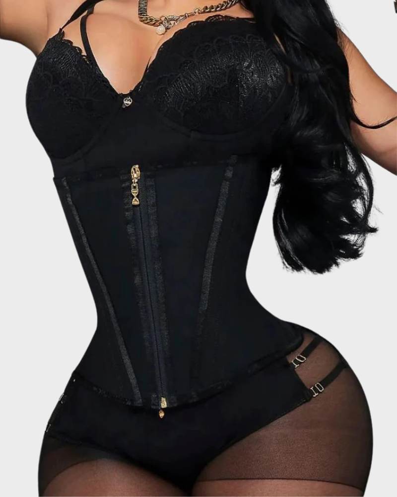 Underbust waist trainer with zip and hooks, alternate view