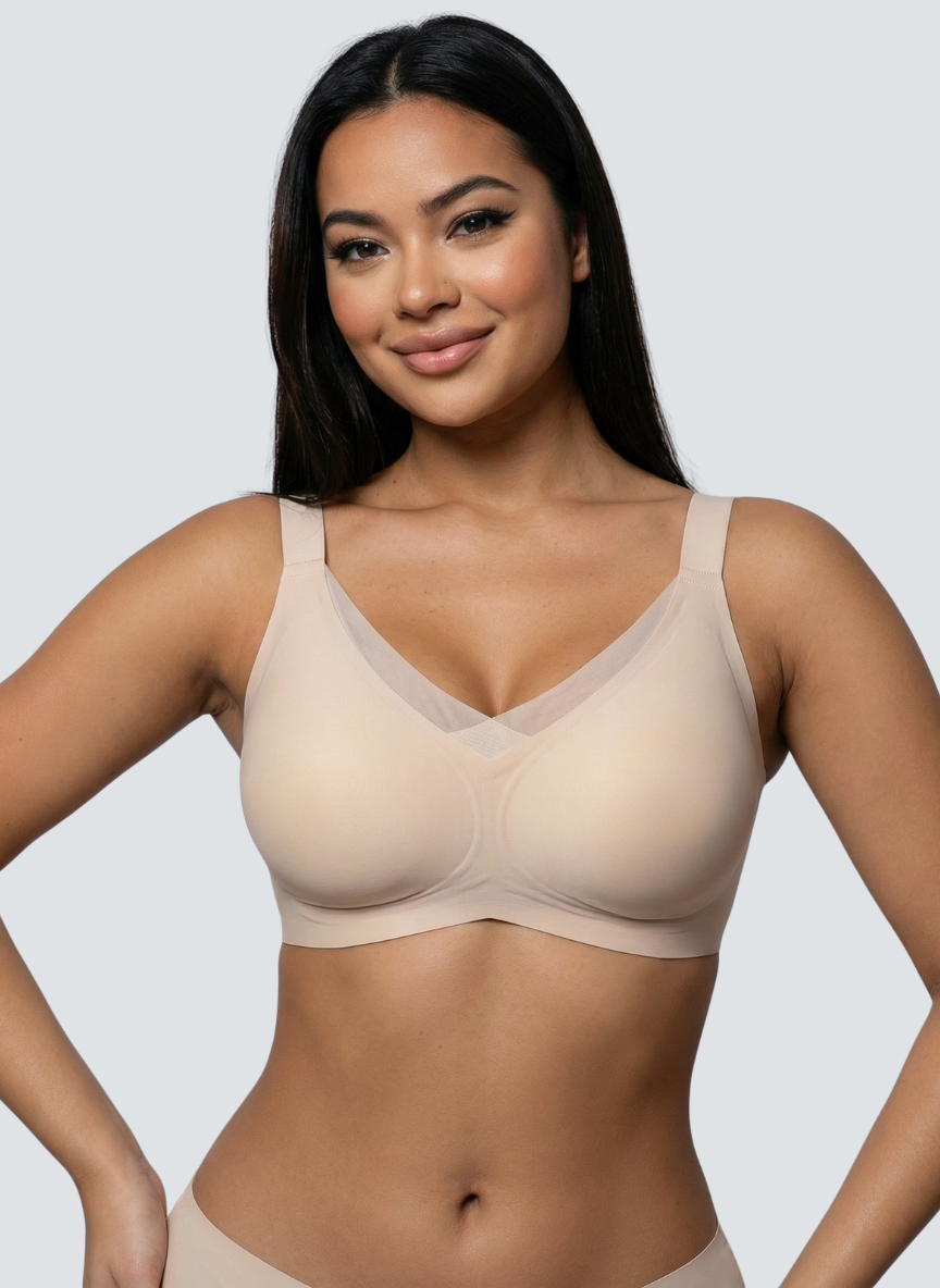 Nude wireless V neck jelly bra with mesh trim