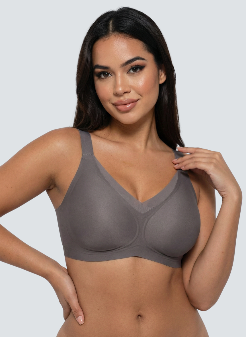 Taupe grey wireless V neck jelly bra with mesh trim