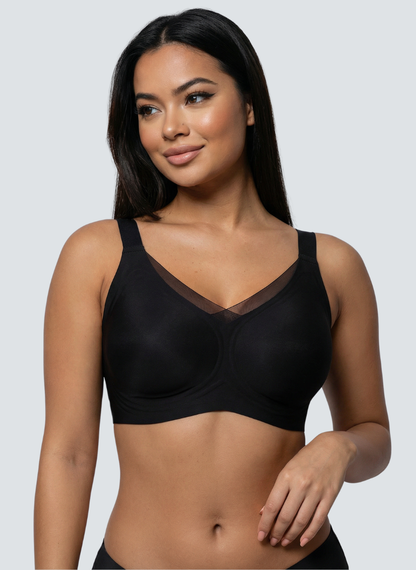 Black wireless V neck jelly bra with mesh trim