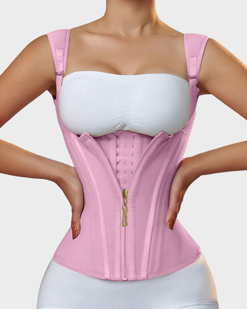 Open-bust waist trainer vest with straps, alternate view