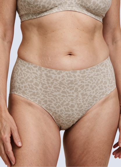 Beige leopard print high waisted seamless knickers, front view