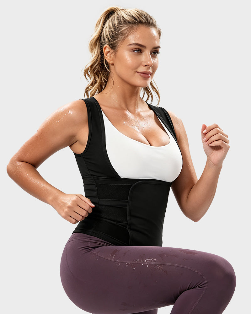 Women's sweat vest with adjustable waist wrap in black