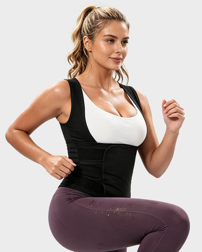 Women's sweat vest with adjustable waist wrap in black