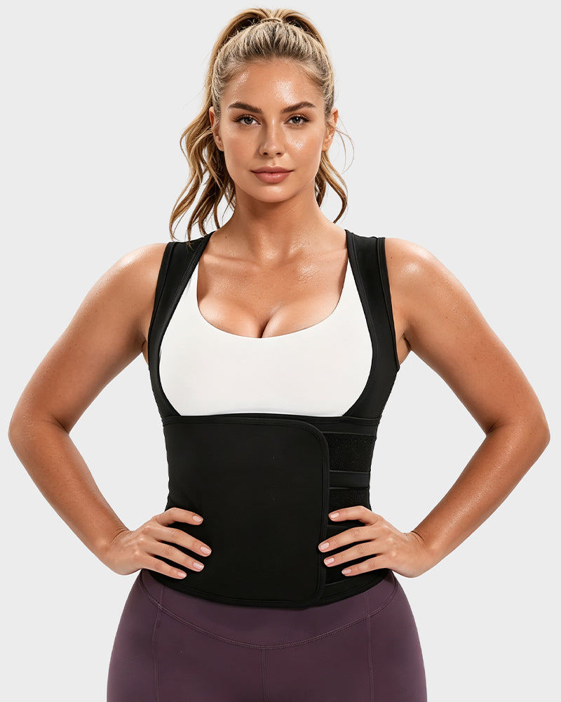 Women's sweat vest with adjustable waist wrap in black