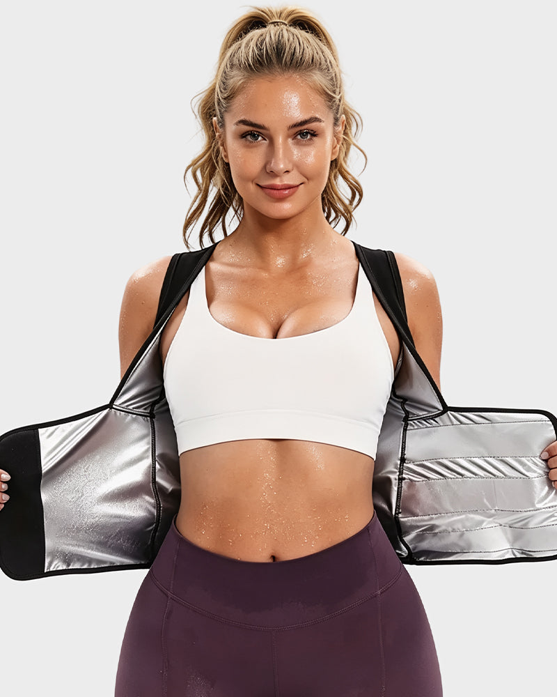 Women's sweat vest with adjustable waist wrap in black