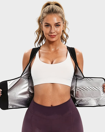Women's sweat vest with adjustable waist wrap in black