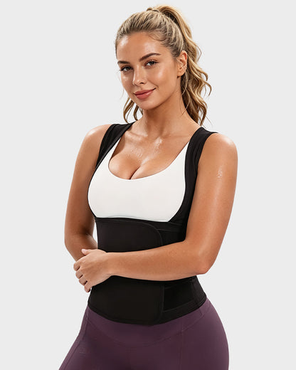 Women's sweat vest with adjustable waist wrap in black