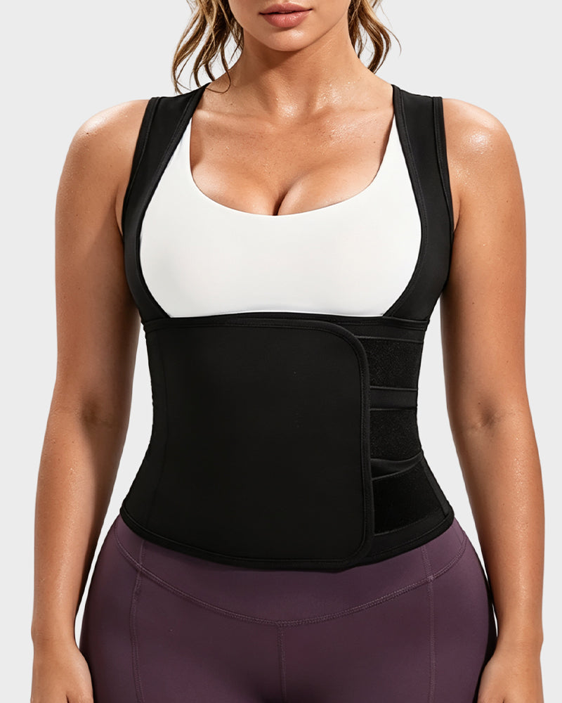 Women's sweat vest with adjustable waist wrap in black