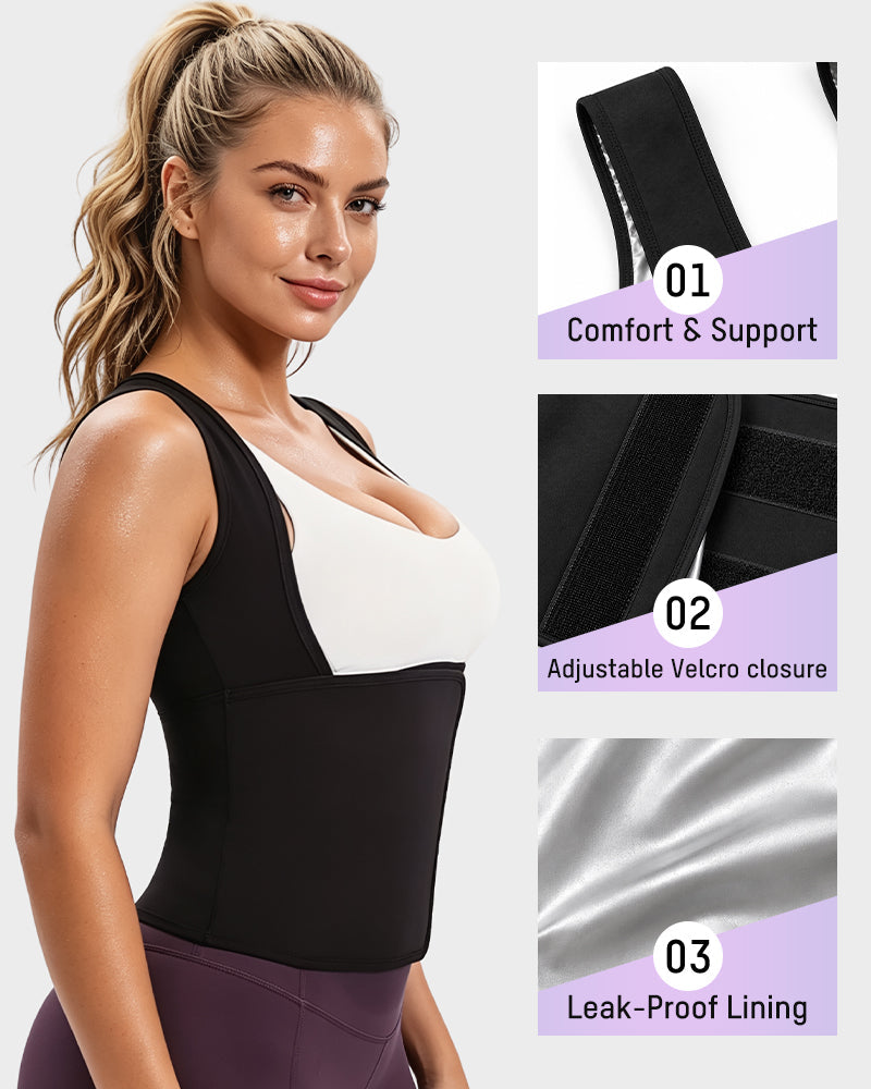 Women's sweat vest with adjustable waist wrap, close-up detail