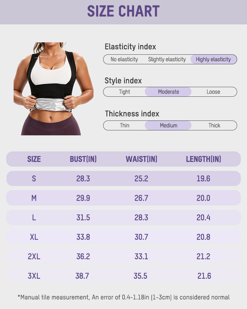Size chart for the women's sweat vest with adjustable waist wrap