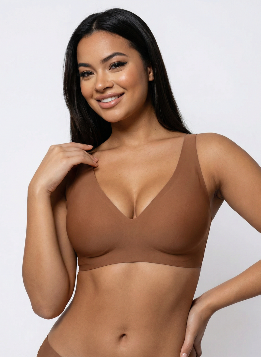 Caramel wireless deep V plunge bra, front view