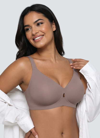 Taupe grey wireless V neck jelly bra with keyhole cut out