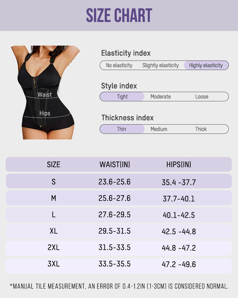 Size chart for the shapewear vest with built-in bra