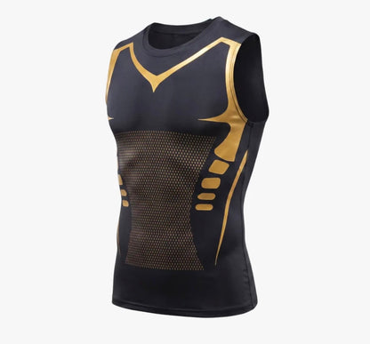 Black compression tank top with gold detailing