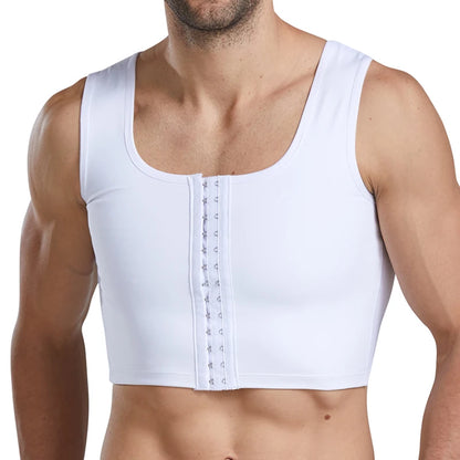 White cropped chest compression vest, front view with hook fastening