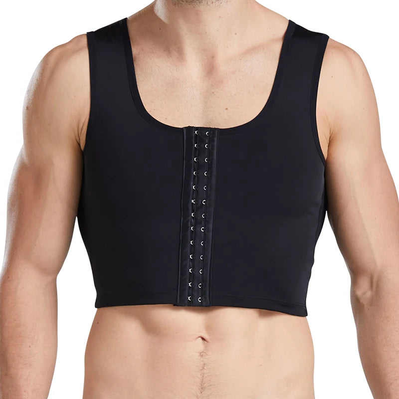 Black cropped chest compression vest, front view with hook fastening