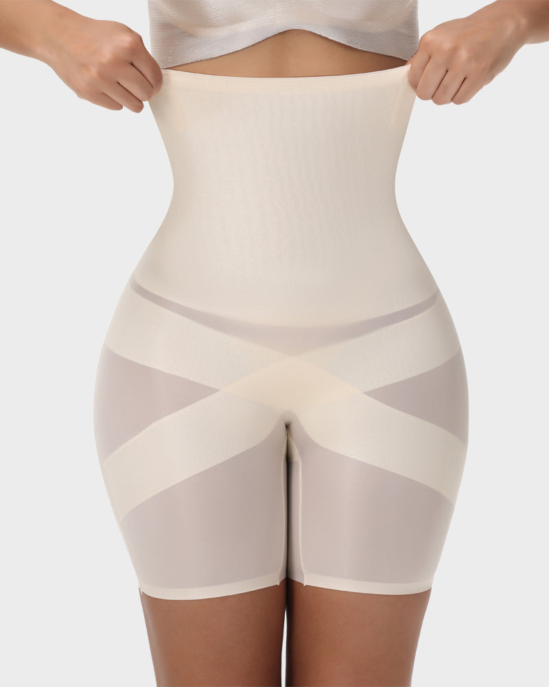 High-waist mesh shaper shorts with cross bands