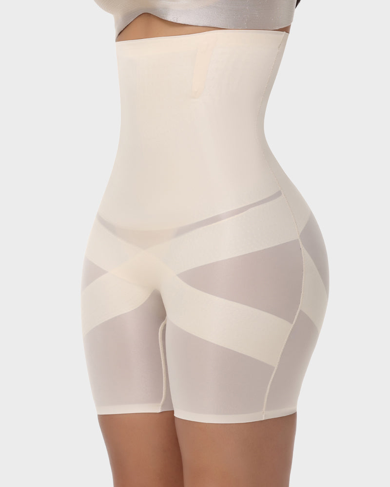 High-waist mesh shaper shorts with cross bands