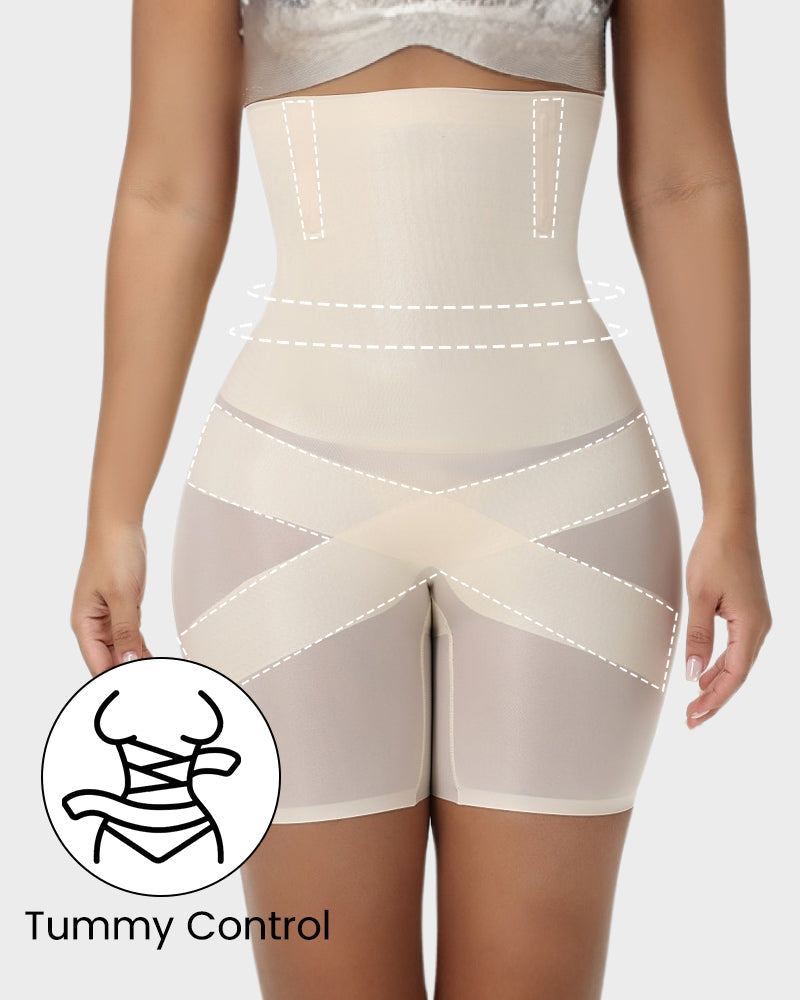 High-waist mesh shaper shorts with cross bands