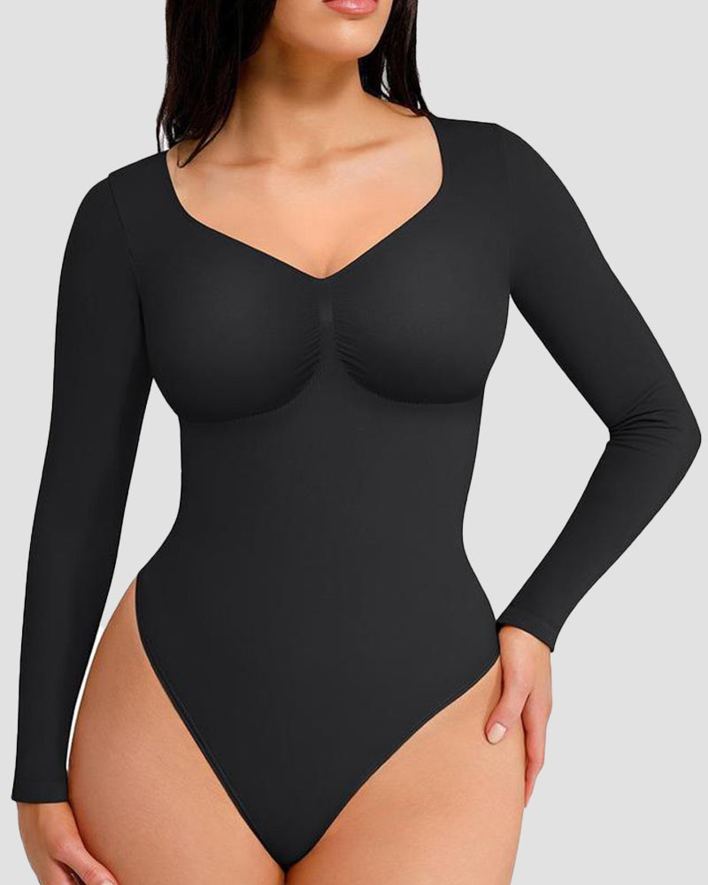 Long sleeve thong bodysuit with V neckline