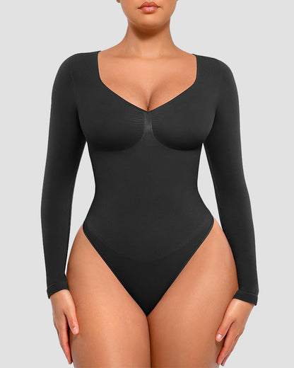 Long sleeve thong bodysuit with V neckline