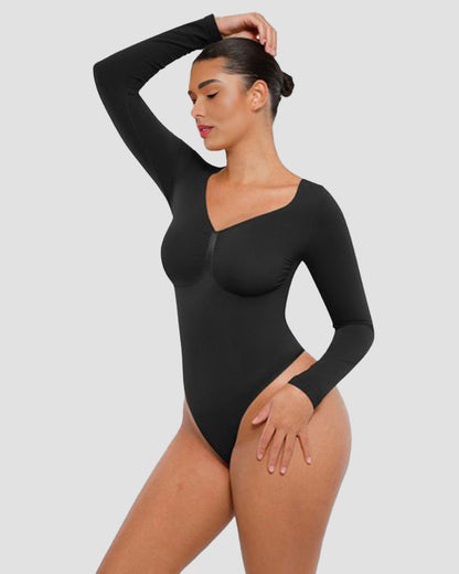 Long sleeve thong bodysuit with V neckline