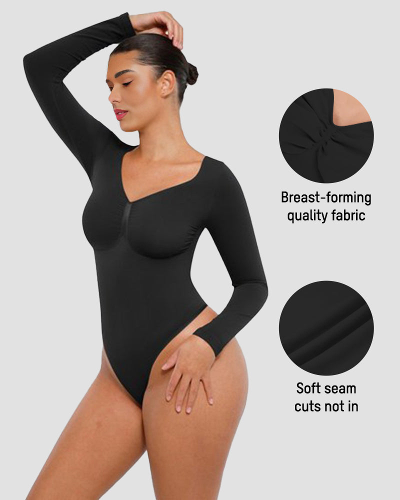 Long sleeve thong bodysuit with V neckline