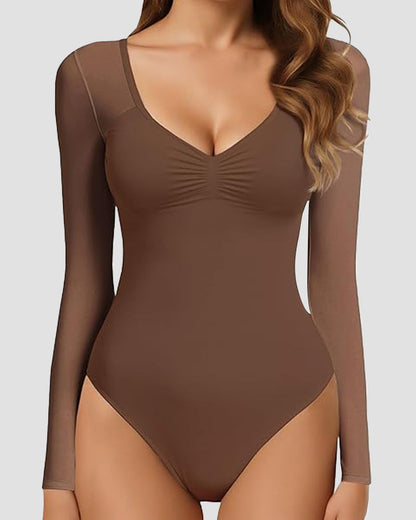 Long sleeve thong bodysuit with V neckline