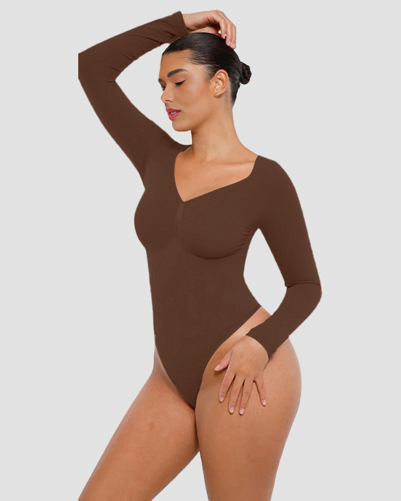 Long sleeve thong bodysuit with V neckline