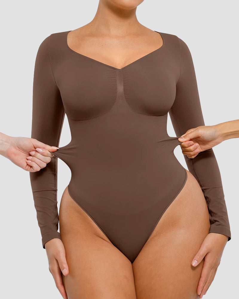 Long sleeve thong bodysuit with V neckline