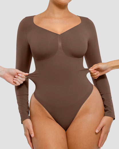 Long sleeve thong bodysuit with V neckline