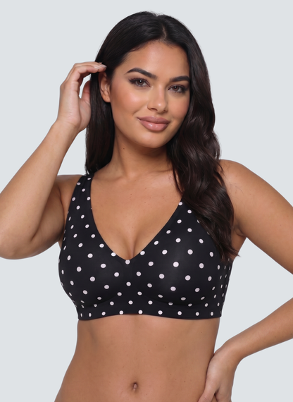 Black polka dot wireless plunge bra