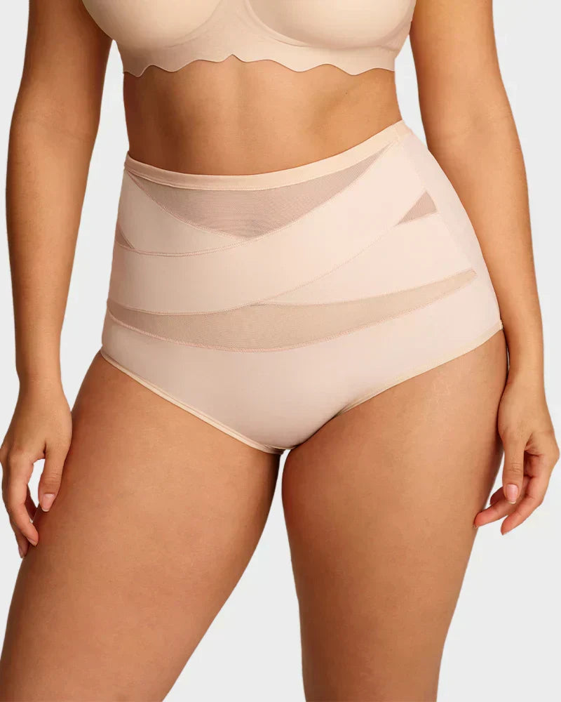 Nude high waisted tummy control knickers worn, front view close up