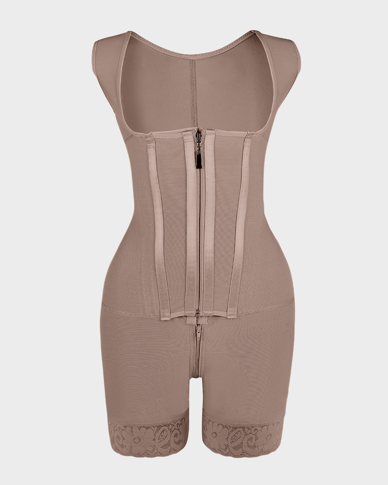 Open-bust shaping bodysuit with zip over hooks